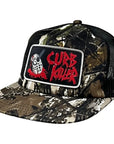HEROIN curb killer trucker hat in camo and black with mesh back, casual headwear style, featuring embroidered front design.