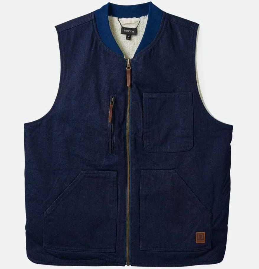 BRIXTON BUILDERS ABRAHAM REVERSIBLE VEST RINSE DENIM/SHERPA – The