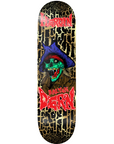 A skateboard deck featuring a black and gold splatter pattern, a green skull wearing a blue hat, and red 'Hellion' and 'Baltian Darn' text, shown against a plain white background.