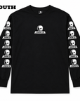 Black Skull Skates youth long-sleeve sweatshirt featuring a skull logo in black with ribbed cuffs and neckline.
