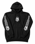 Skull Skates burnt fireball skull graphic black hoodie with flame design, featuring a comfortable sweatshirt style for skateboarding and casual wear.