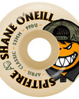 Spitfire Formula Four April Shane O’Neill skateboard wheels, 99A hardness, 52mm and 54mm size, with orange and black design.