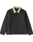 Roark Open Roads waxed canvas jacket in onyx black, front view with button closure and chest pockets