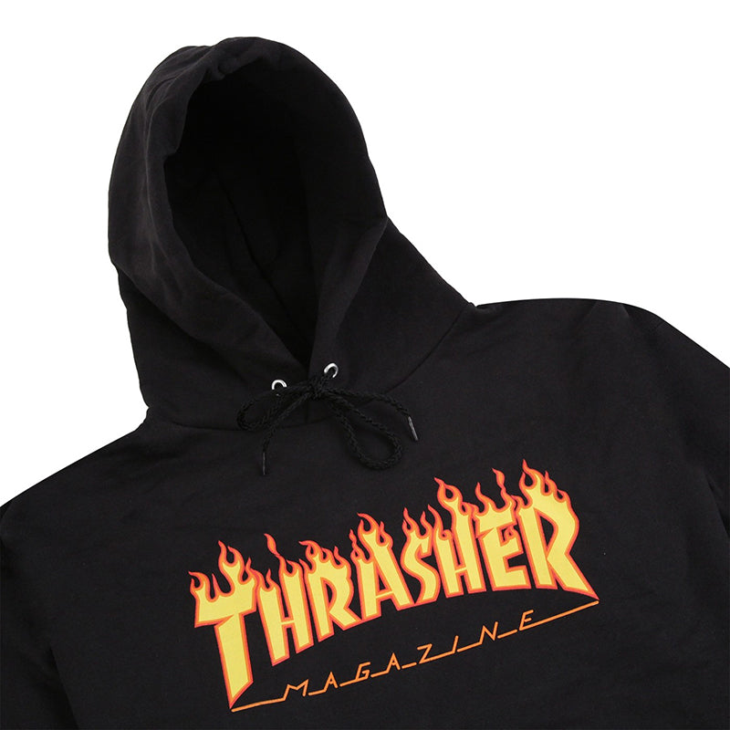 Black thrasher hoodie with flames best sale