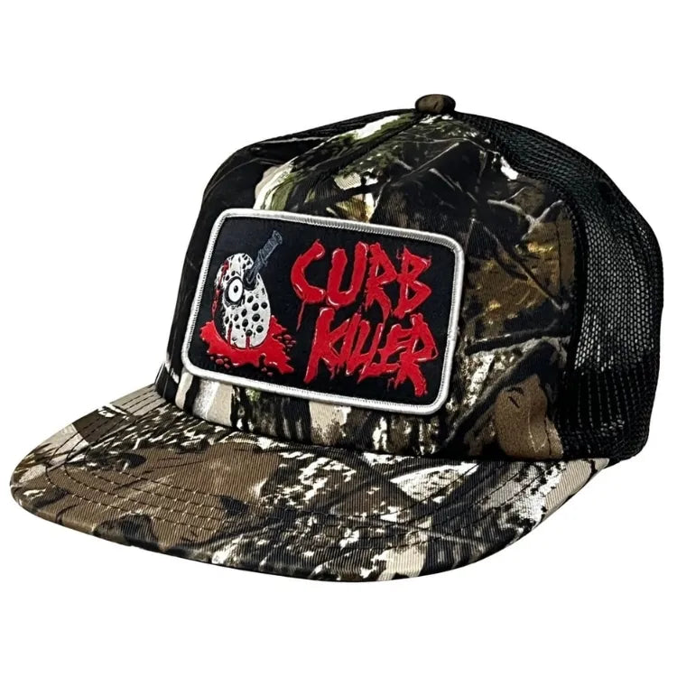 HEROIN curb killer trucker hat in camo and black with mesh back, casual headwear style, featuring embroidered front design.