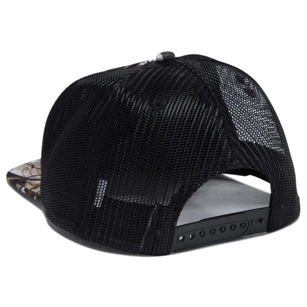 HEROIN curb killer trucker hat in camo and black with mesh back and curved brim, stylish headwear for casual wear.