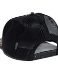 HEROIN curb killer trucker hat in camo and black with mesh back and curved brim, stylish headwear for casual wear.