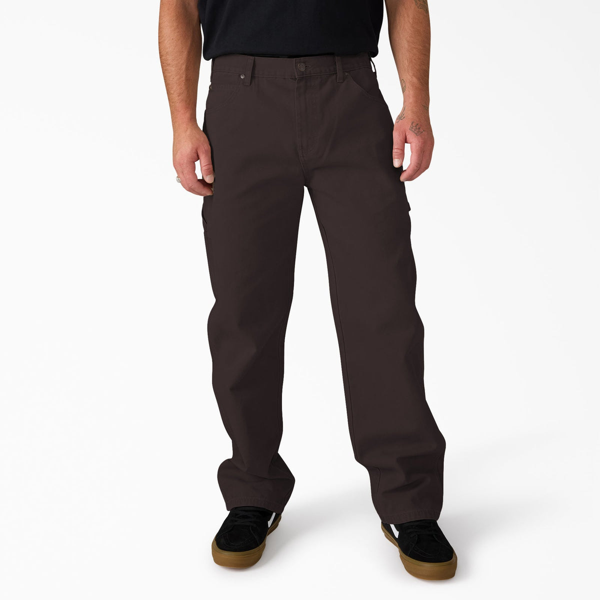 Dark brown Dickies Worn In Carpenter Duck Pants, durable work pants with reinforced stitching and multiple pockets, displayed on a mannequin.