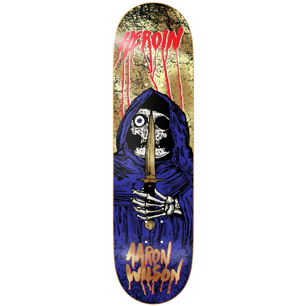A skateboard deck featuring a graphic illustration of a hooded grim reaper holding a sword, with the word 'HEROIC' in red at the top and 'Aaron Wilson' in orange at the bottom, shown against a plain white background.