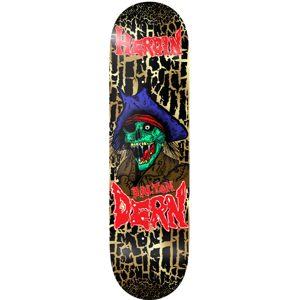 A skateboard deck featuring a black and gold splatter pattern, a green skull wearing a blue hat, and red 'Hellion' and 'Baltian Darn' text, shown against a plain white background.