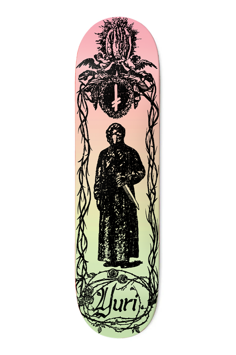 Deathwish skateboard deck featuring Yuri Facchini Priest design, 8.125-inch width, with bold graphic artwork.