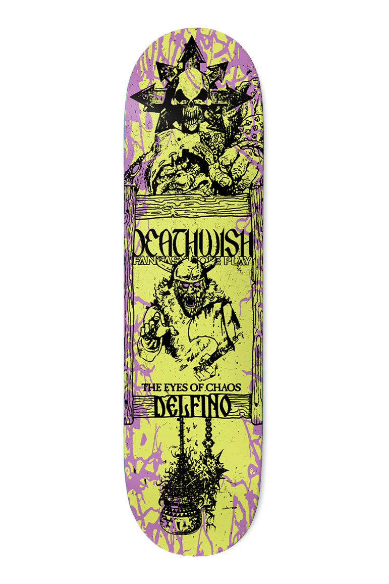 Deathwish Pedro Delphino Chaos skateboard deck, 8.25-inch width, featuring bold graphic design on a durable skateboard deck.