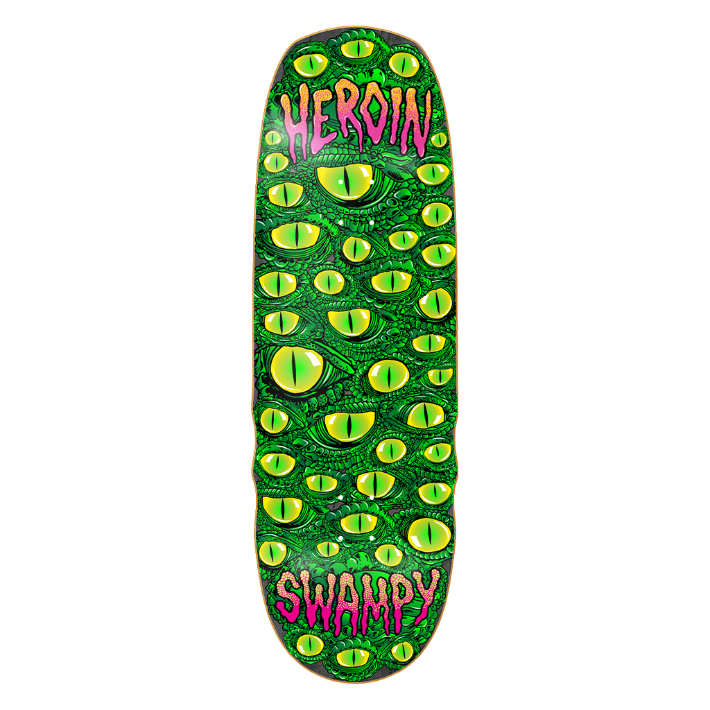 Heroin Swampy Eyes 10-inch skateboard deck featuring a bold graphic design with swampy eye imagery and skateboard branding.