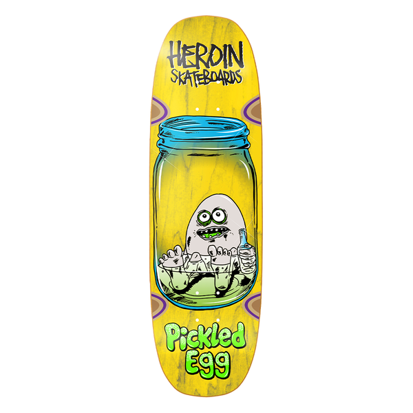 Heroin Pickled Egg 9-inch skateboard deck with graphic design, showcasing the deck's shape and vibrant artwork.