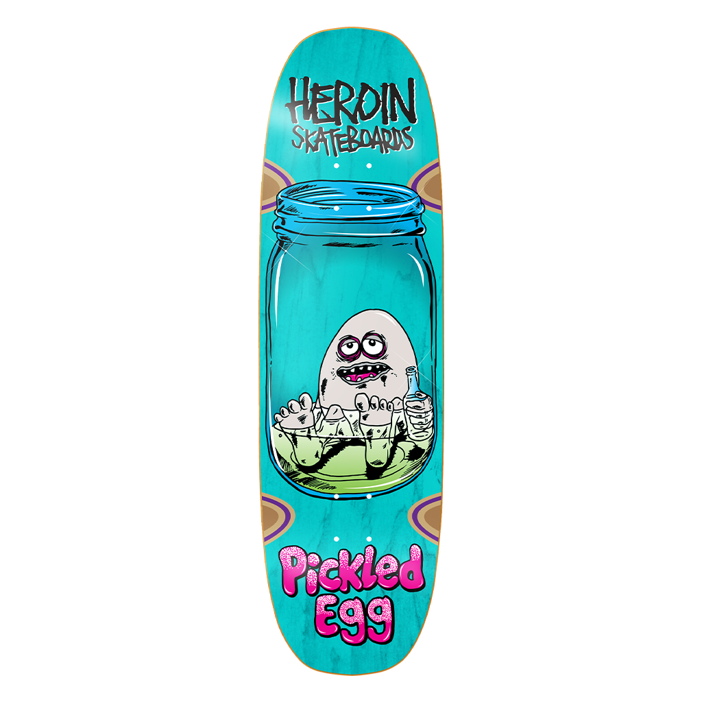 Heroin Pickled Egg 9.38-inch skateboard deck with bold graphic design, perfect for skateboarding enthusiasts.