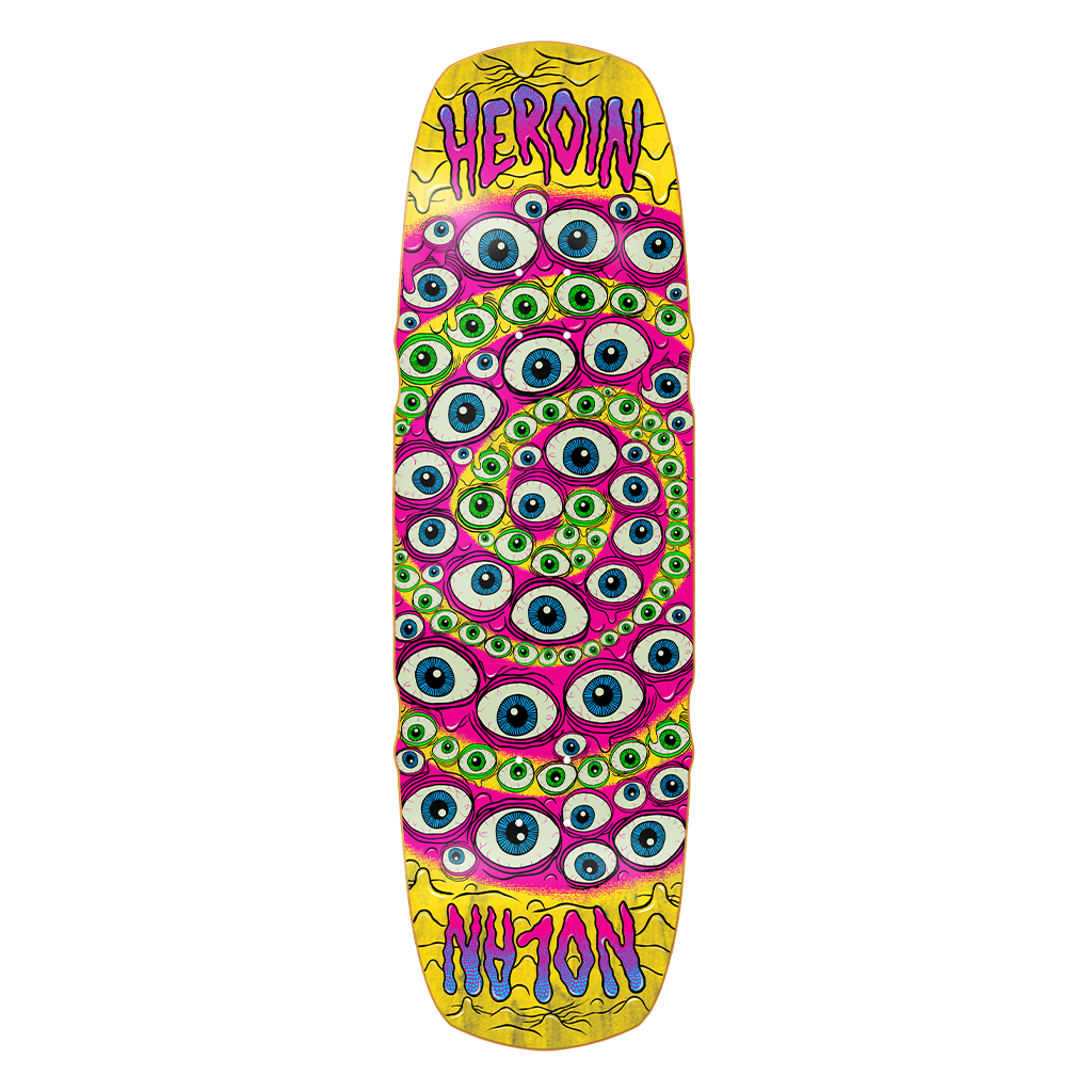 Heroin Nolan Houghton Spiralize skateboard deck, 9.5-inch size, featuring a vibrant graphic design for skateboarding enthusiasts.