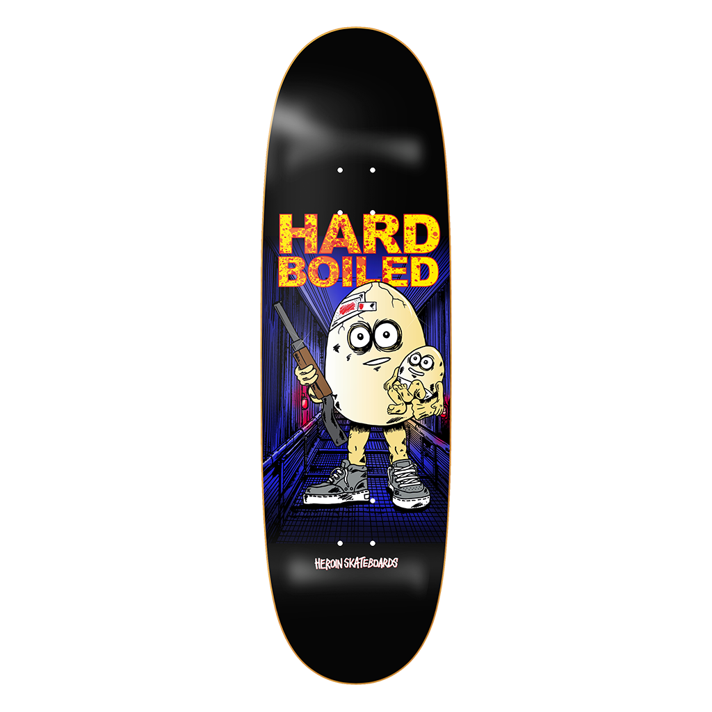 Heroin Hard Boiled skateboard deck 9.25 inches with bold graphic design, ideal for skating enthusiasts and collectors