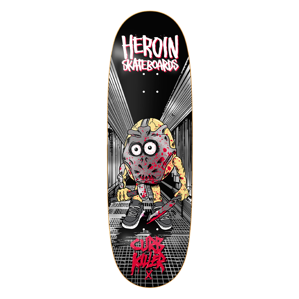 Heroin Curb Killer X 10-inch skateboard deck with bold graphic design, ideal for skateboarding enthusiasts.