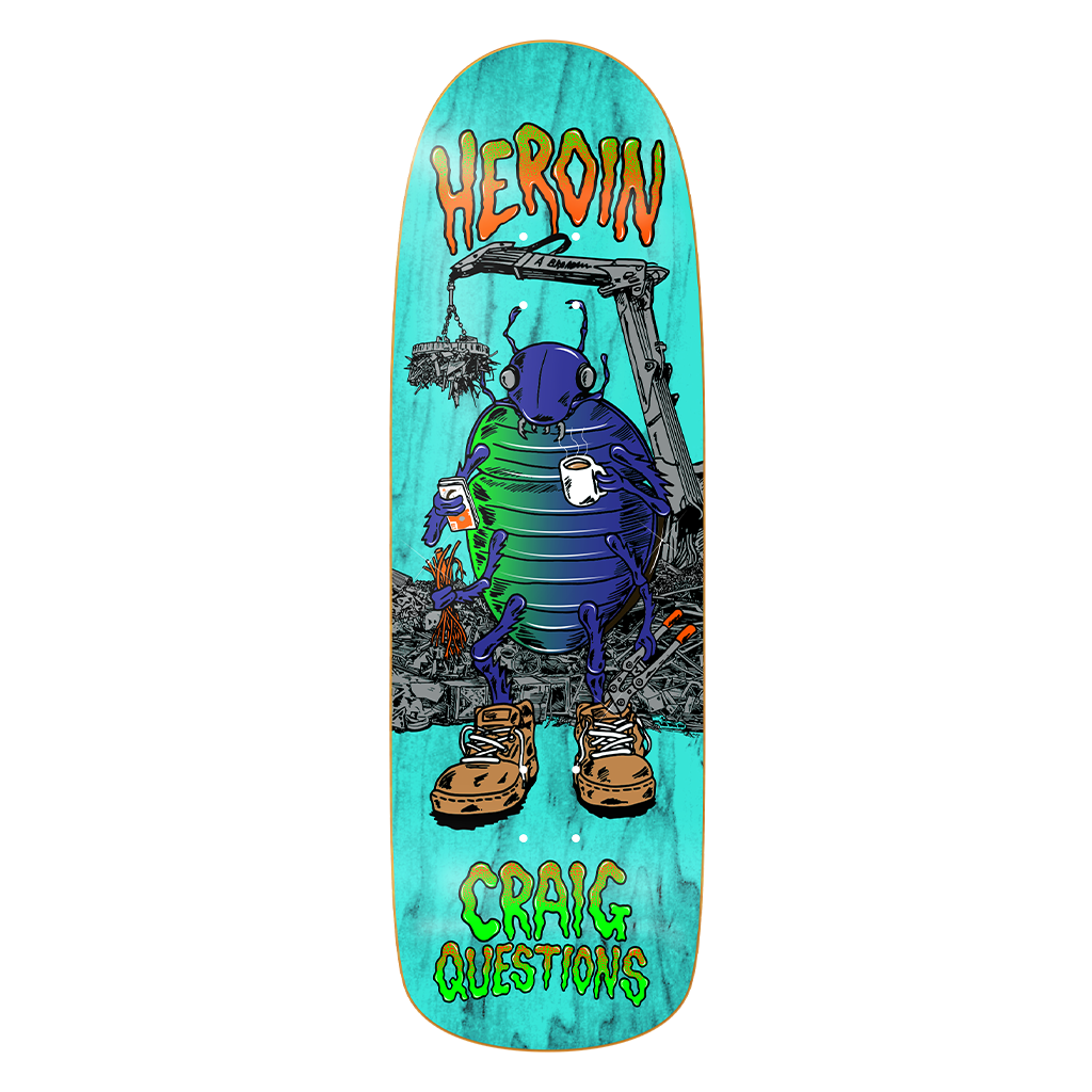 Heroin Craig Questions Bug skateboard deck, 9.6 inches wide, featuring a colorful graphic design in a close-up view.