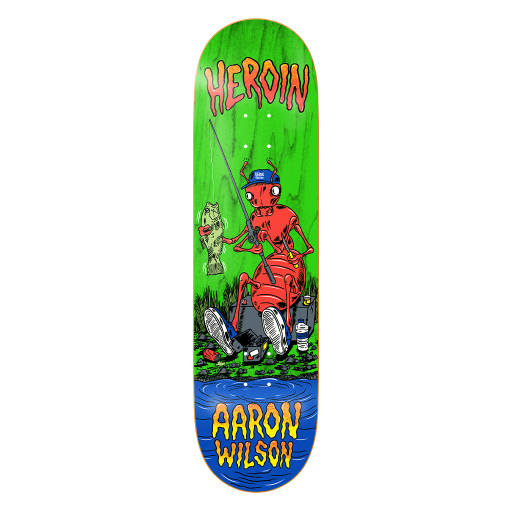 HEROIN Aaron Wilson Bug skateboard deck, 8.5-inch width, featuring bold graphic design and durable construction for skating.