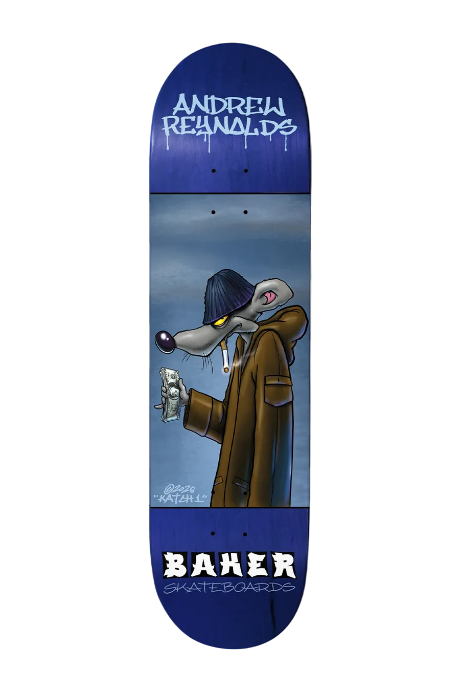 Baker brand skateboard deck, Andrew Reynolds Katch model, 8.38-inch size, featuring graphic design on top surface.