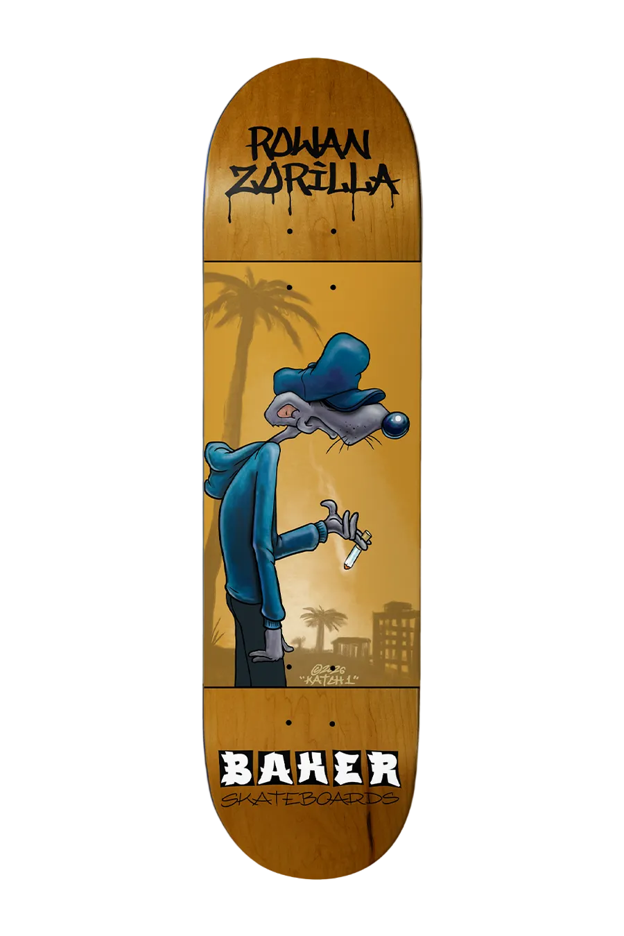 Baker Deck Rowan Zorilla Katch skateboard deck in 8.25-inch width, featuring graphic design and branding on top surface.