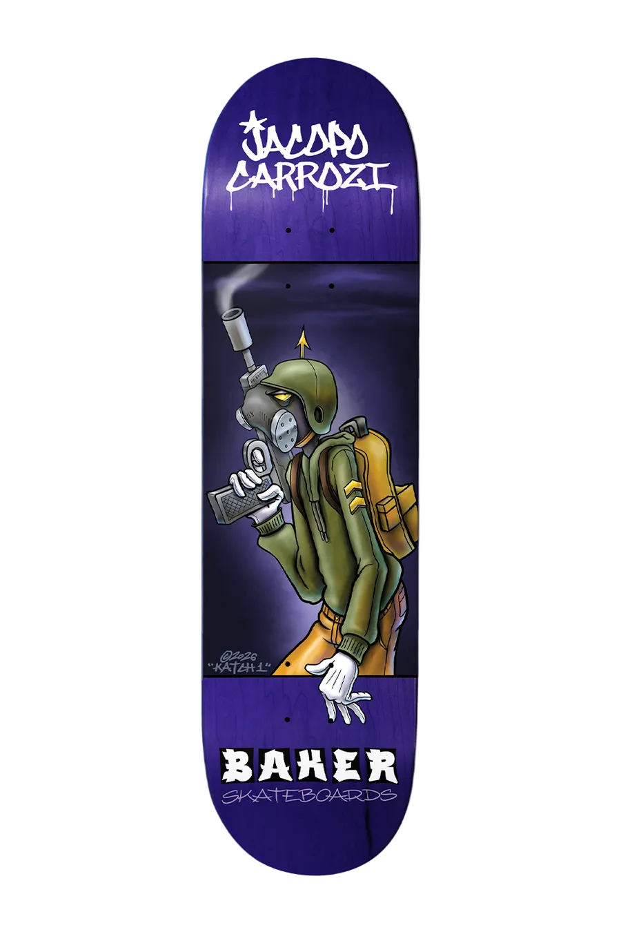 Baker skateboard deck Jacopo Carozzi Katch 8.125-inch from Baker skateboard decks collection, featuring graphic artwork.