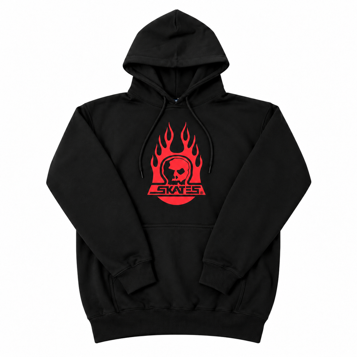 Black hoodie featuring Skull Skates logo with red skate graphic, made by Skull Skates, perfect for skateboarding and streetwear style.