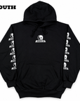 Black Skull Skates youth hoodie featuring the Skull logo, made from soft black fabric with a comfortable fit.