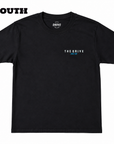 Youth black skate T-shirt from THE DRIVE SKATE SHOP featuring a skate fish badge design.