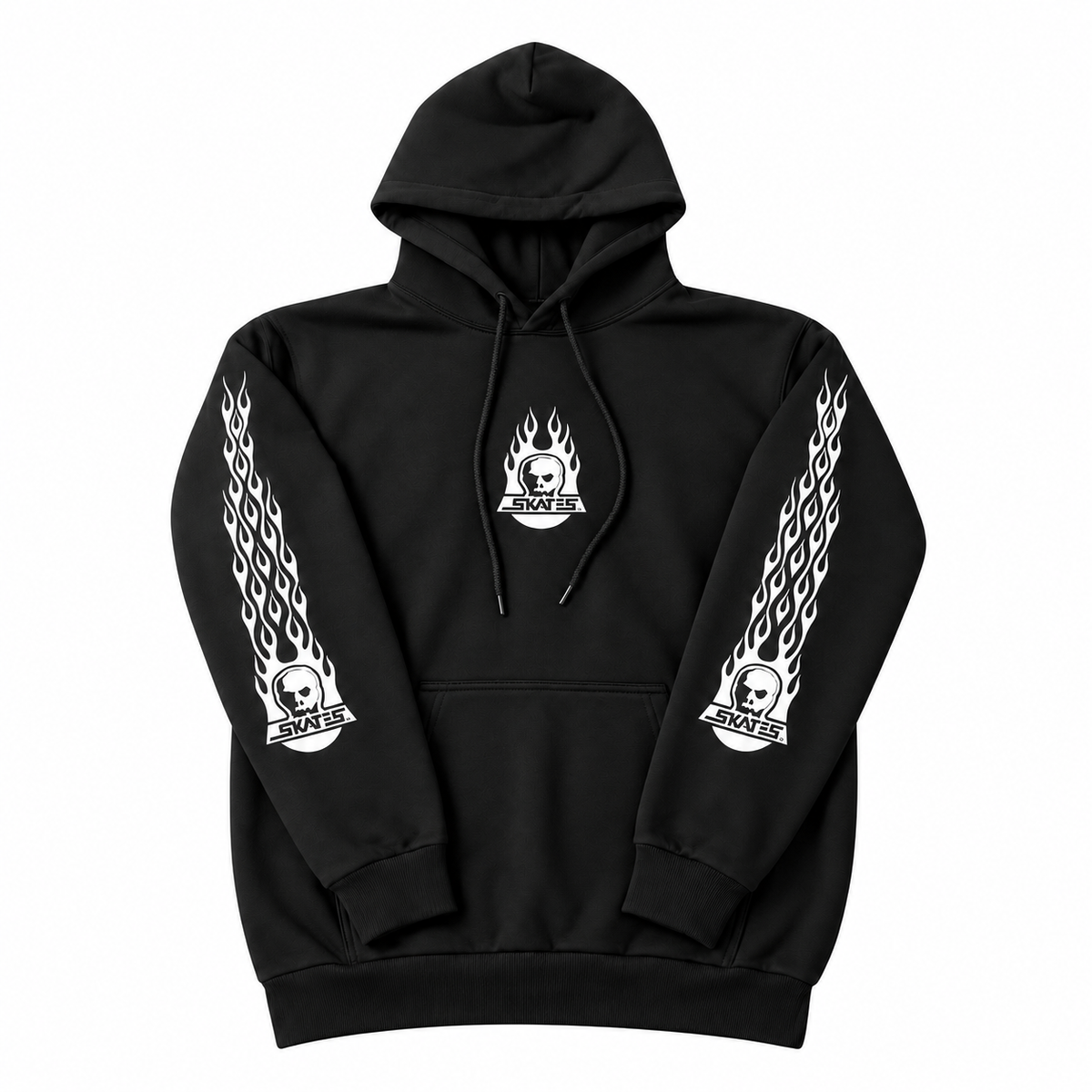 Skull Skates burnt fireball skull graphic black hoodie with flame design, featuring a comfortable sweatshirt style for skateboarding and casual wear.