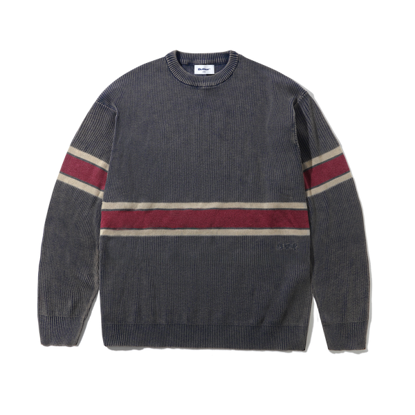 BUTTER Break Knit Sweater in washed navy blue, front view with textured knit design