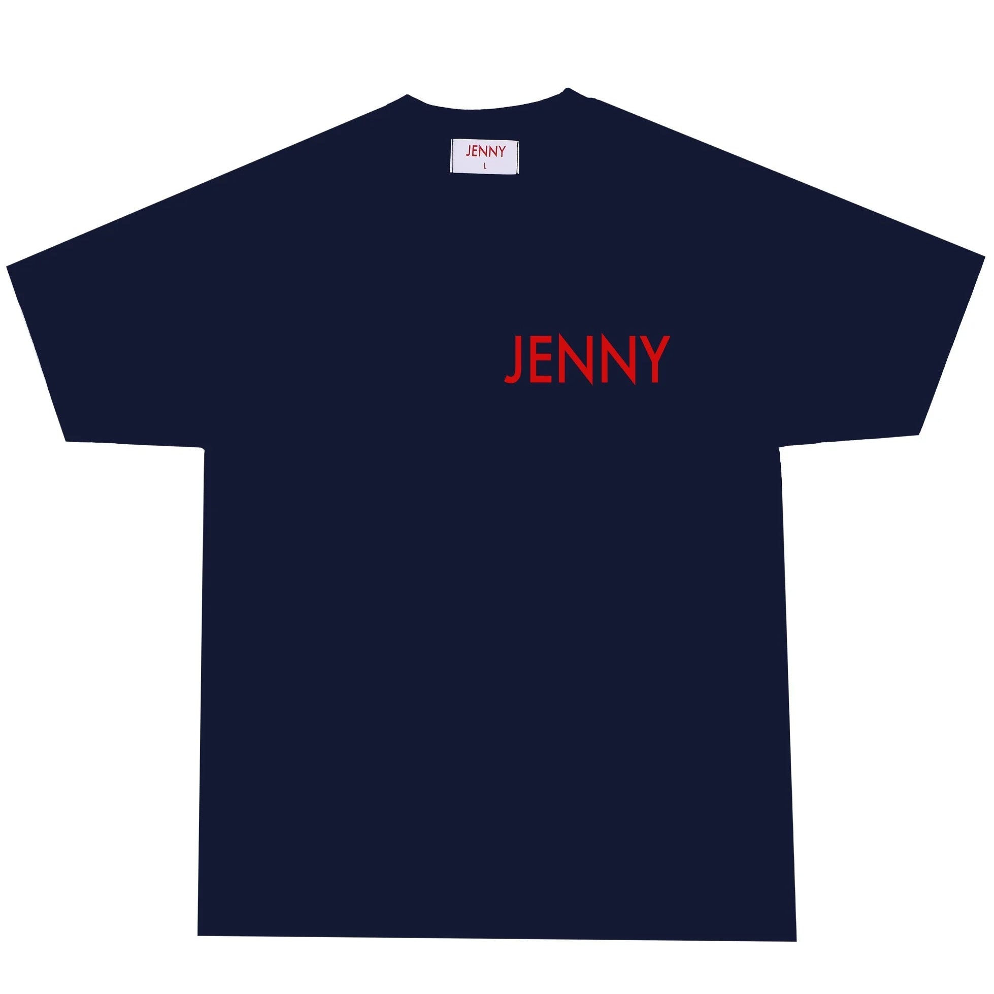 Navy blue t-shirt with 'JENNY' printed in red on a white background