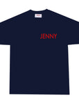 Navy blue t-shirt with 'JENNY' printed in red on a white background