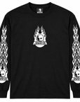 Black long-sleeve t-shirt from Skull Skates featuring a burnt fireball Burb design on the front.