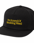 Black Jacuzzi Scared Weed snapback hat featuring a flat brim and embroidered logo, stylish headwear for casual wear.