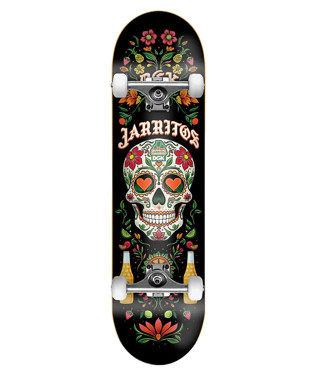 DGK complete skateboard with 8-inch DGK x Jarritos Sabor design, featuring colorful graphics on the deck and skateboard components.