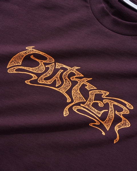 BUTTER Drummer T-Shirt in eggplant purple, front view with drummer graphic and short sleeves