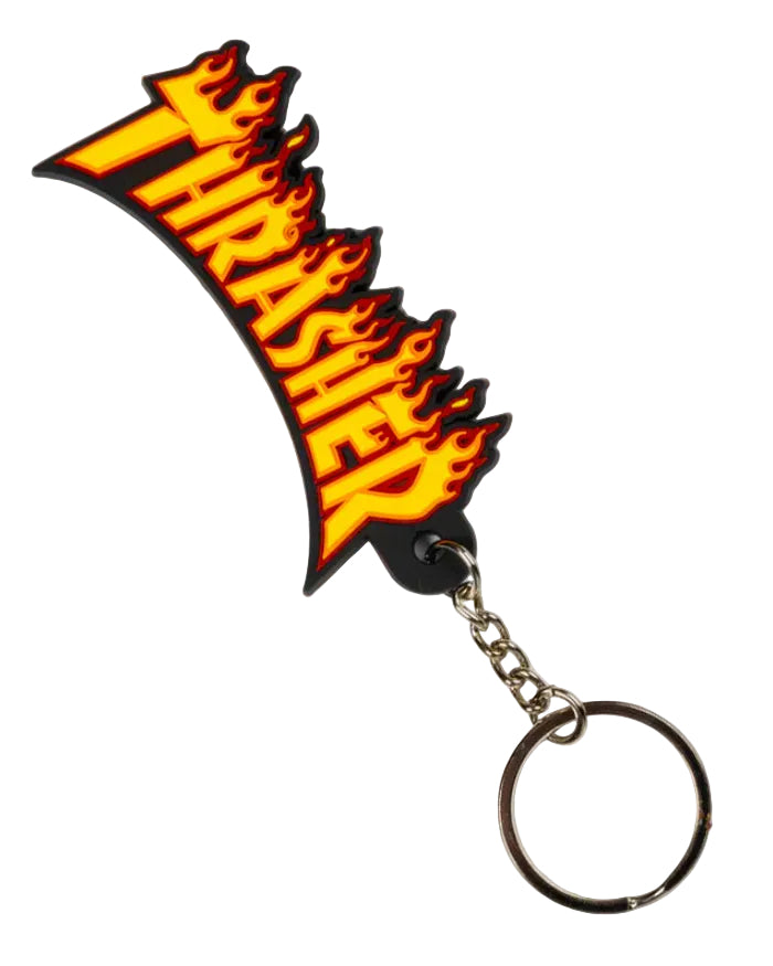 Thrasher magazine logo keychain with flames on a white background