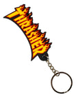 Thrasher magazine logo keychain with flames on a white background