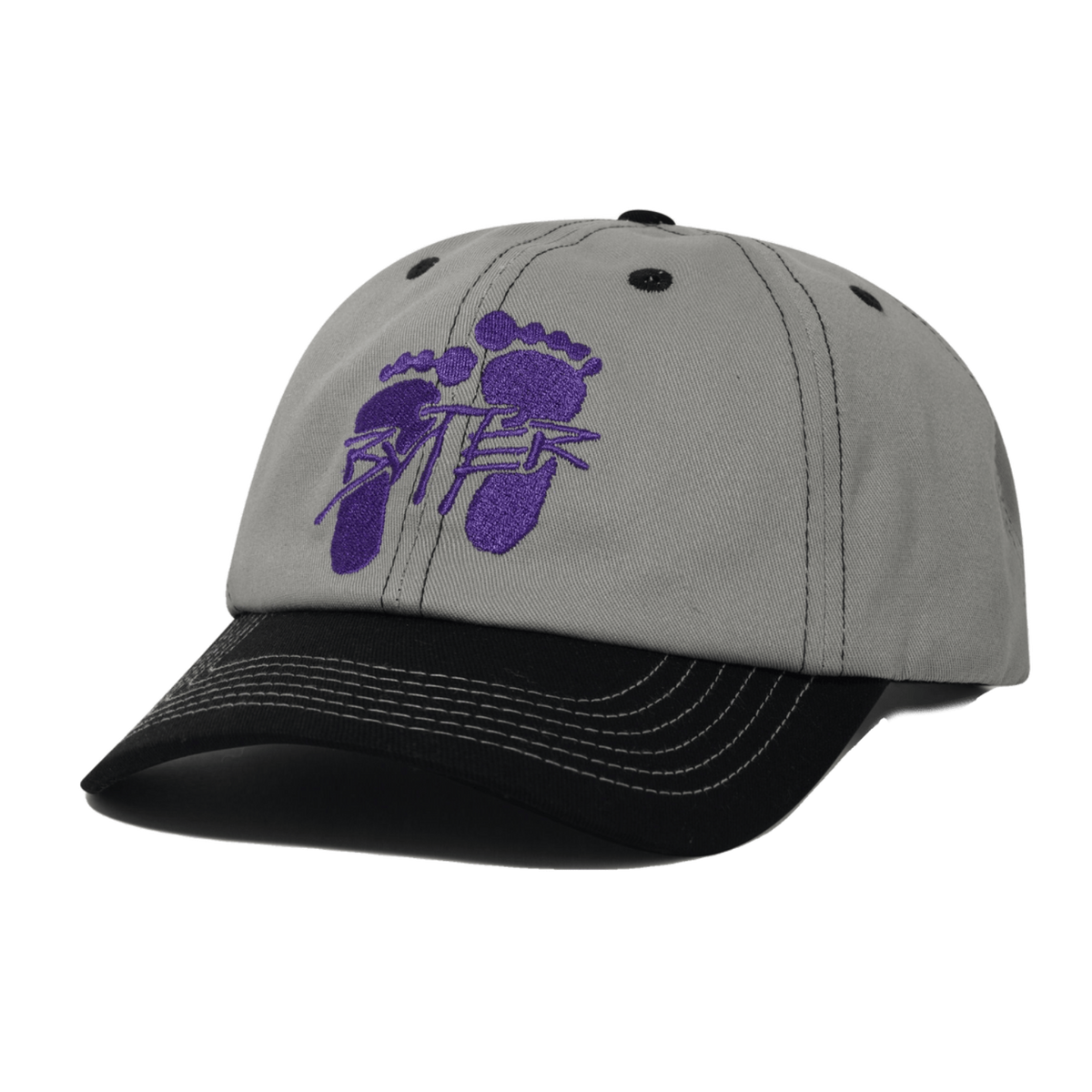 Butter Footprints 6 Panel Cap in grey with embroidered footprint logo and adjustable back strap