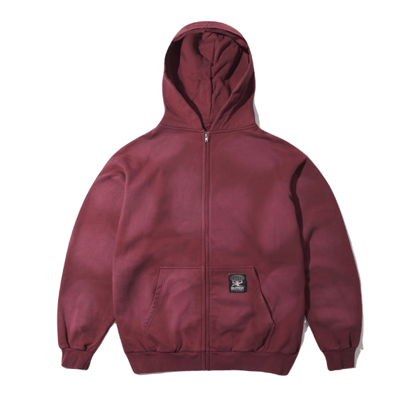 BUTTER Garage zip-through hooded sweater in faded burgundy with front zipper and kangaroo pockets