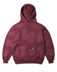 BUTTER Garage zip-through hooded sweater in faded burgundy with front zipper and kangaroo pockets