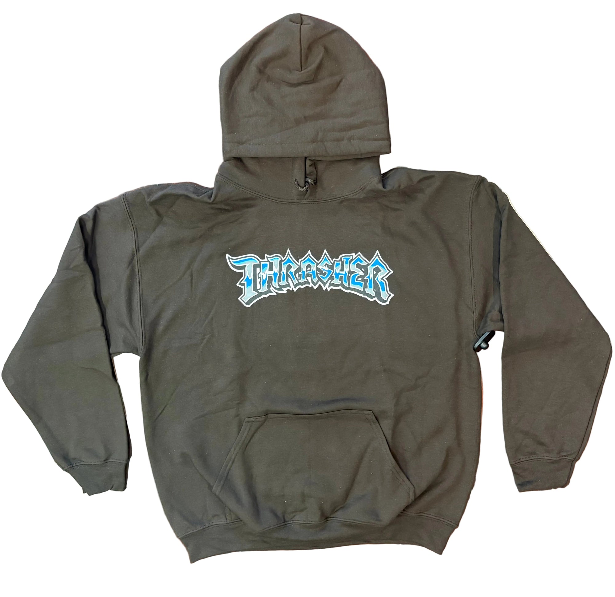 Green hoodie with a logo on the back against a white background