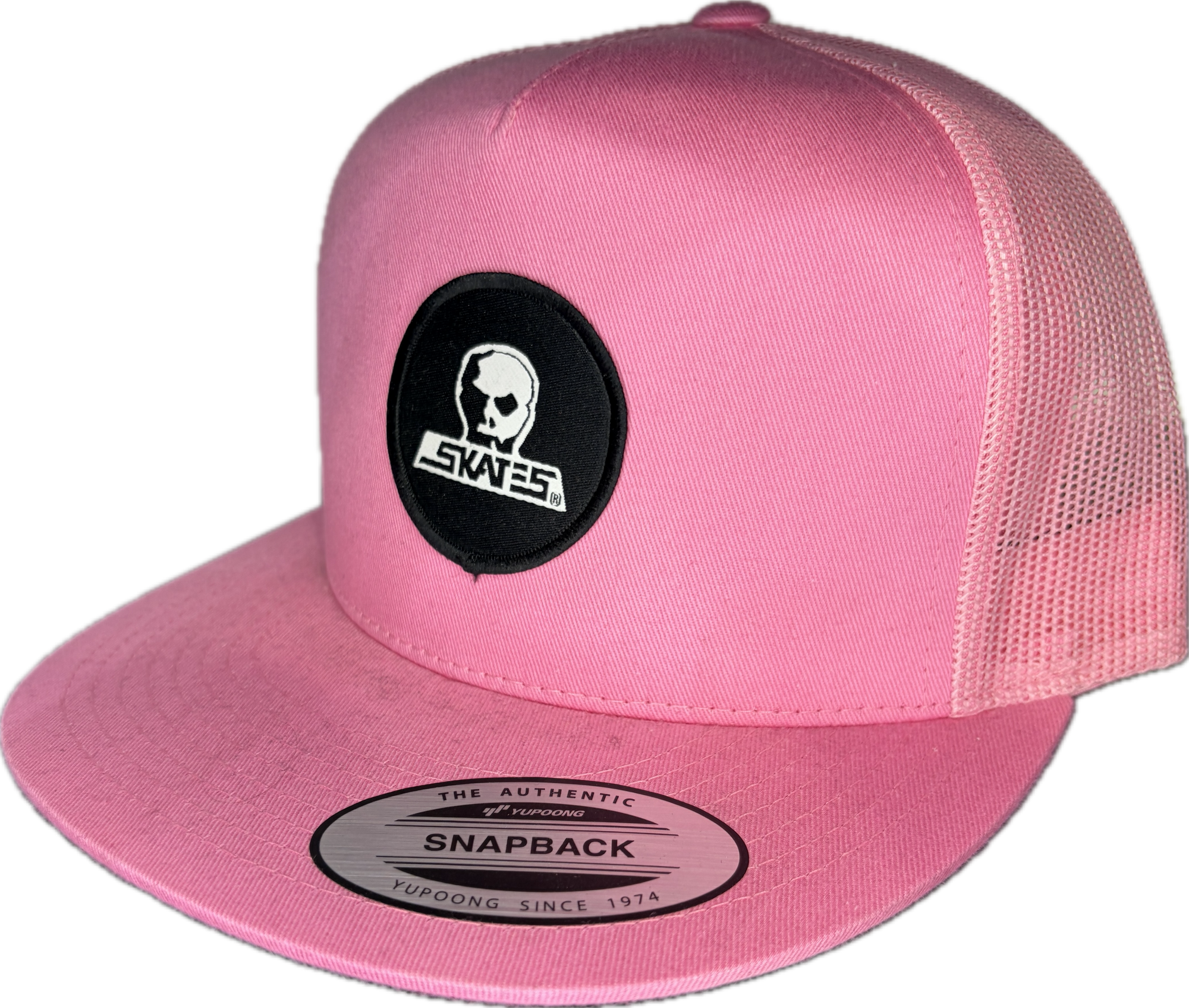 SKULL SKATES ROUND LOGO PATCH PINK YUPOONG MESH SNAPBACK