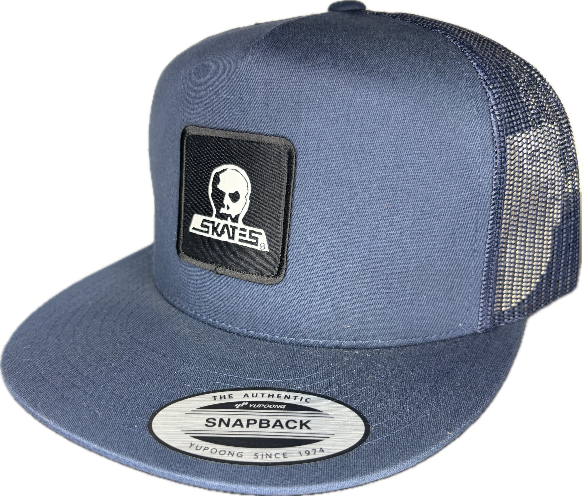 SKULL SKATES SQUARE LOGO PATCH YUPOONG MESH SNAPBACK NAVY/NAVY