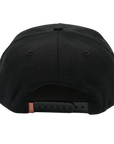 Black Jacuzzi Scared weed snapback hat, front view showing the embroidered logo and adjustable strap, headwear by Jacuzzi.