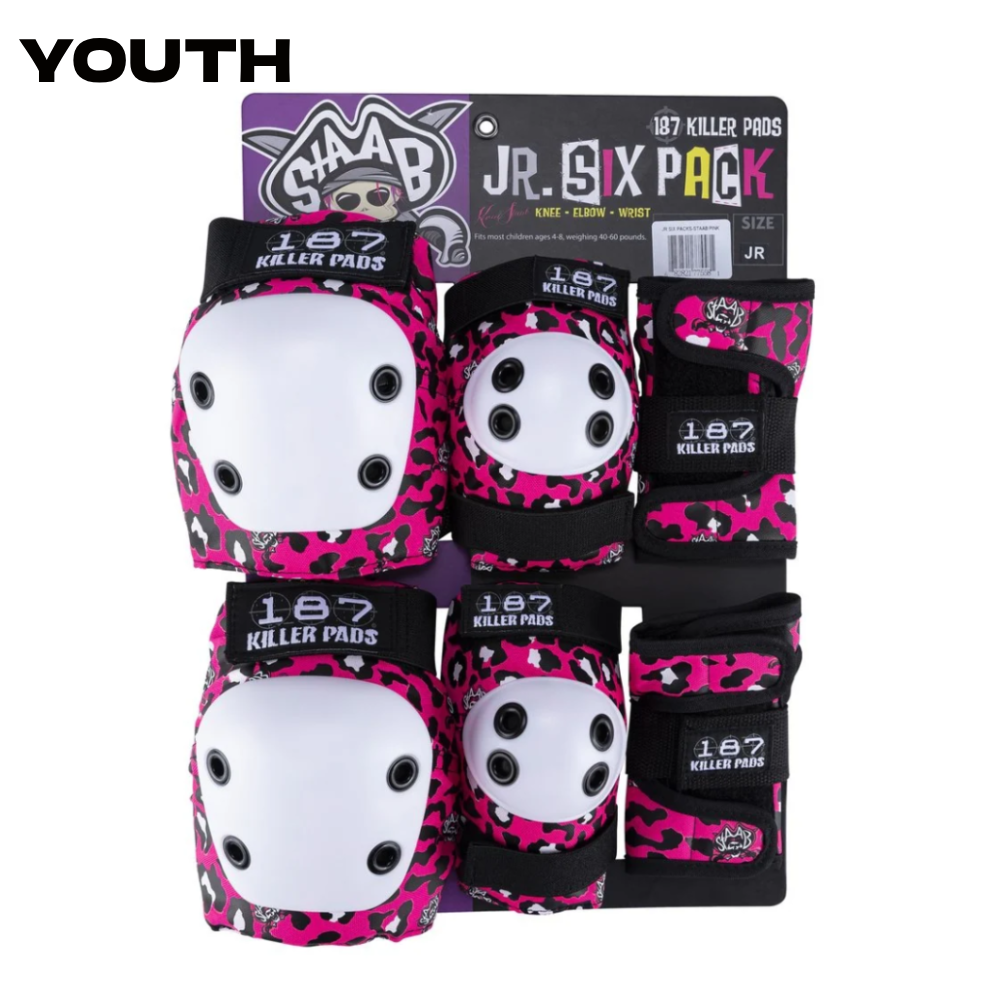 187 KILLER PADS - JUNIOR SIX PACK PAD SET STAAB PINK CHEETAH - The Drive Skateboard Shop
