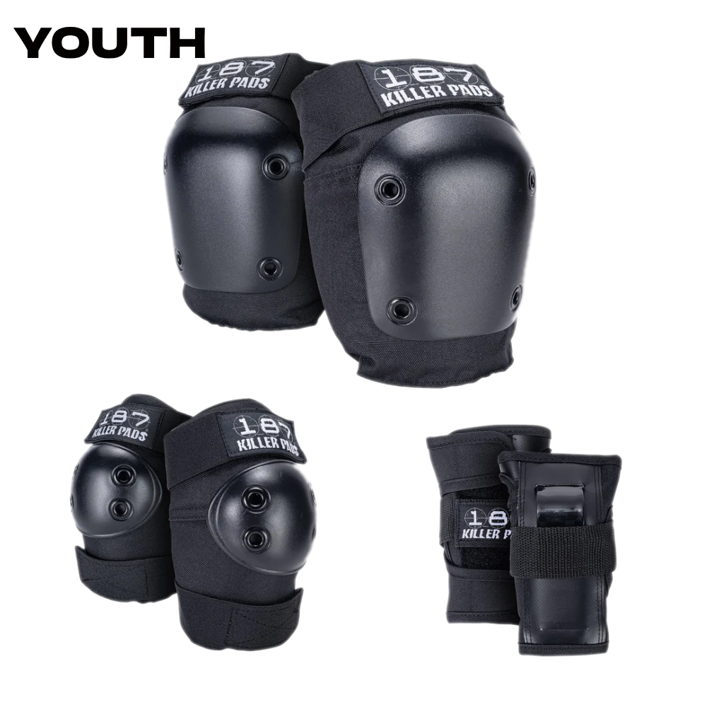 187 KILLER PADS - JUNIOR YOUTH SIX PACK PAD SET BLACK - The Drive Skateboard Shop