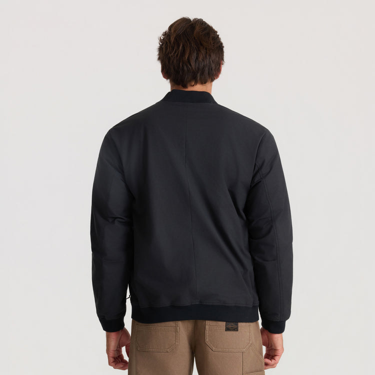 Roark Layover Bomber black jacket with ribbed collar and zip front